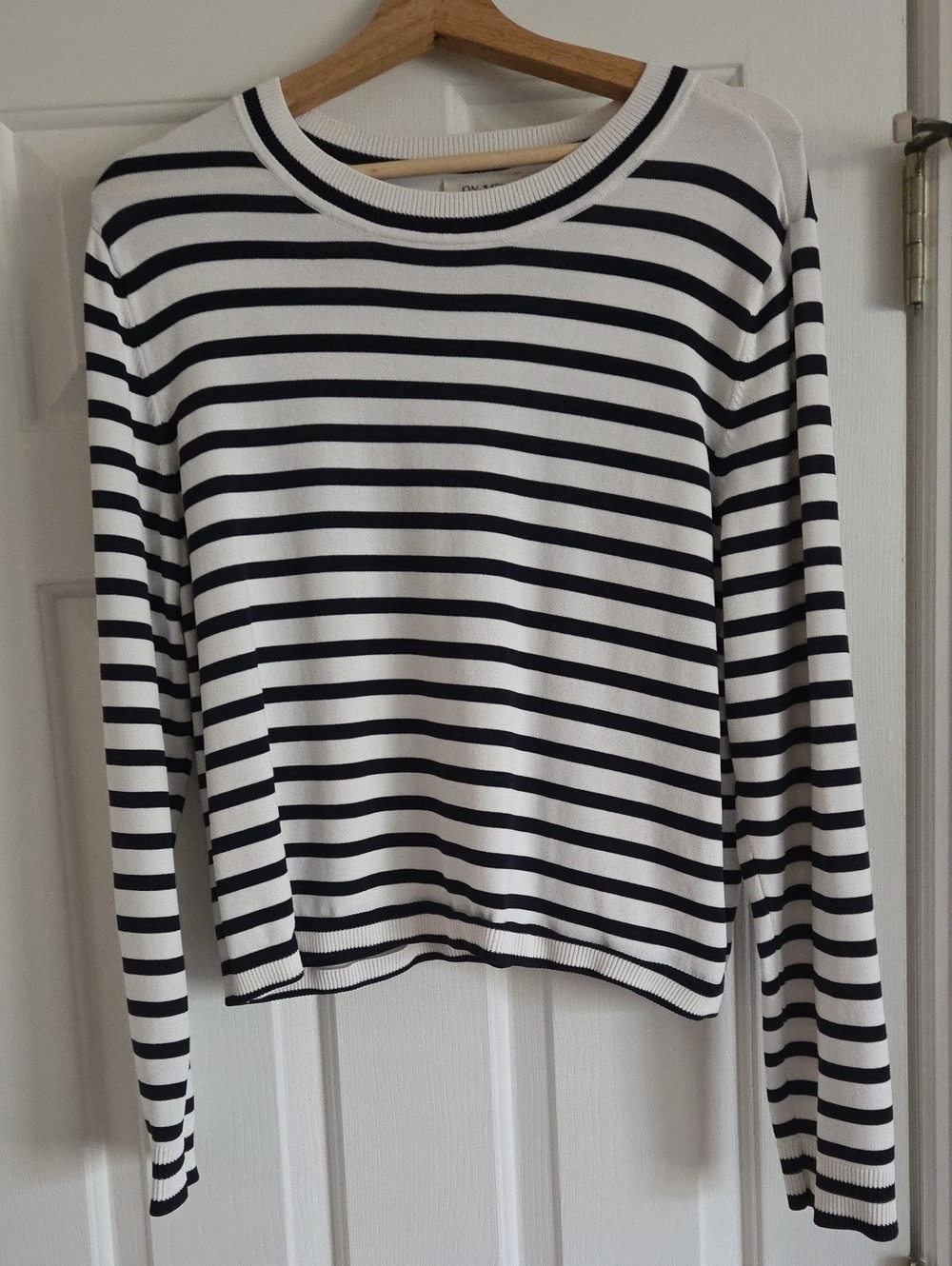 On 34th Striped Long-Sleeve Crewneck Top in Black and White